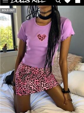 Delia's Lilac Heart Crop Tee & Pink Leopard Mini Skirt Set